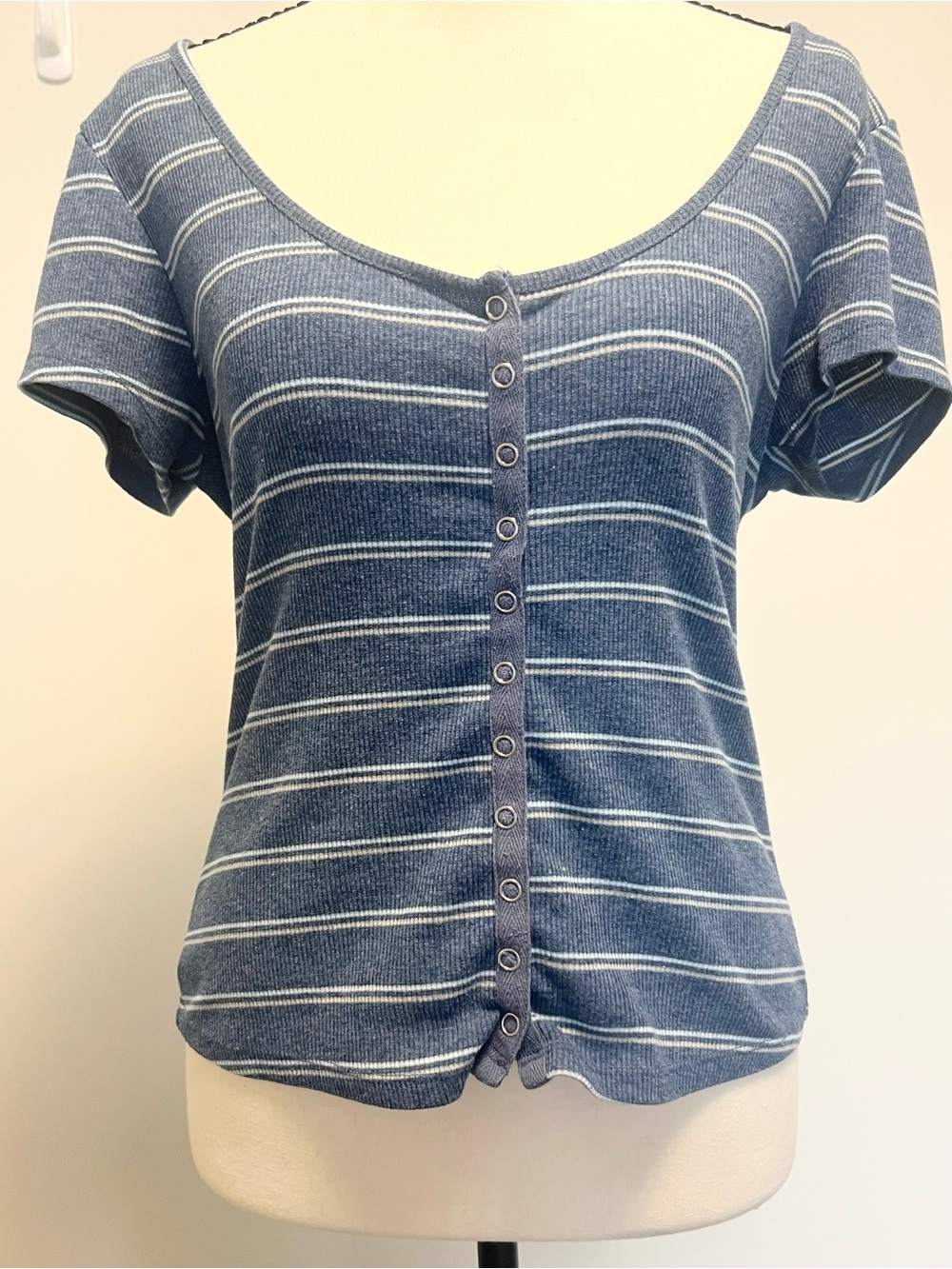 Cotton On Navy and White Striped Button-Front V-Neck Top